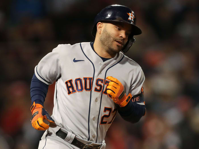 Houston Astros second baseman Jose Altuve (27) runs the bases after hitting a solo home run against the Boston Red Sox during the eighth inning of game four of the 2021 ALCS at Fenway Park.